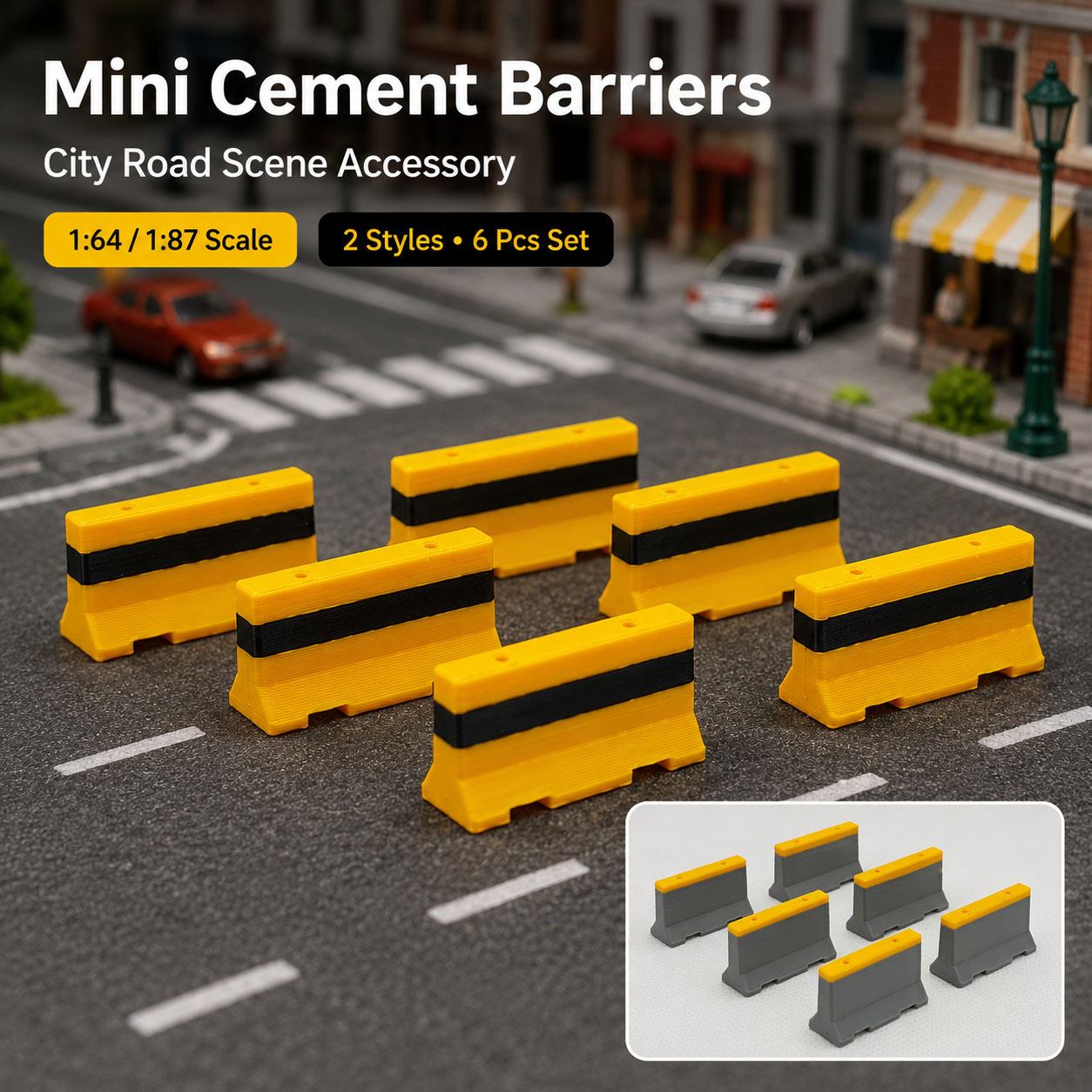 Model Kit Cement - 1:64 1:87 Mini-Zement-Straßenbarrieren 6-teiliges Set, Stadtstraßen-Parkplatz-Bau-Diorama-Zubehör