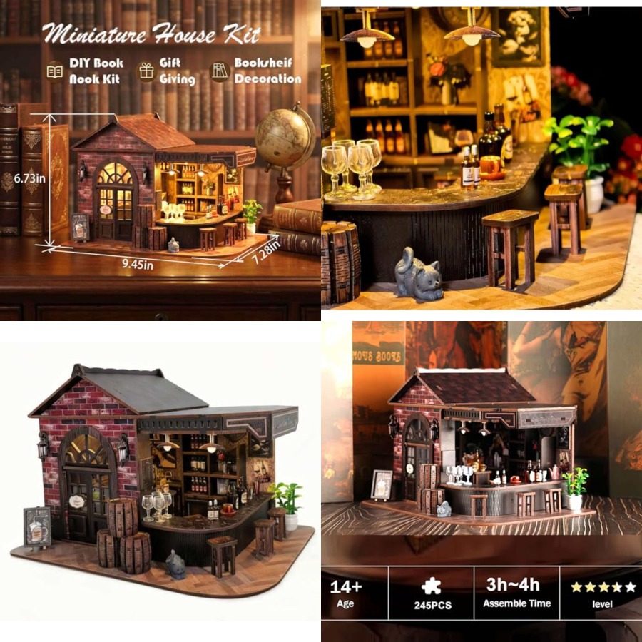 Model Kit Led - Bücherregal-Deko-Set, 3D Holz-Miniatur-Taverne und Kneipe Puppenhaus